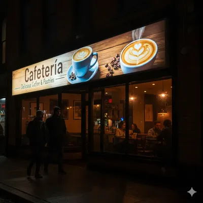 Fotografía de una cafetería con una Impresión de viniles backlight en la fachada para presentar su cafetería